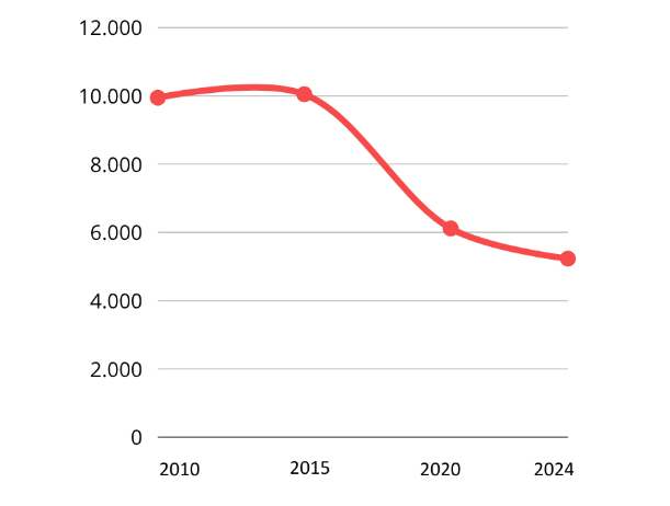 Gráfico de líneas: los nacidos vivos en General Pueyrredon pasan de unos 9.900 en 2010 y 10.000 en 2015 a cerca de 6.100 en 2020 y 5.232 en 2024.
